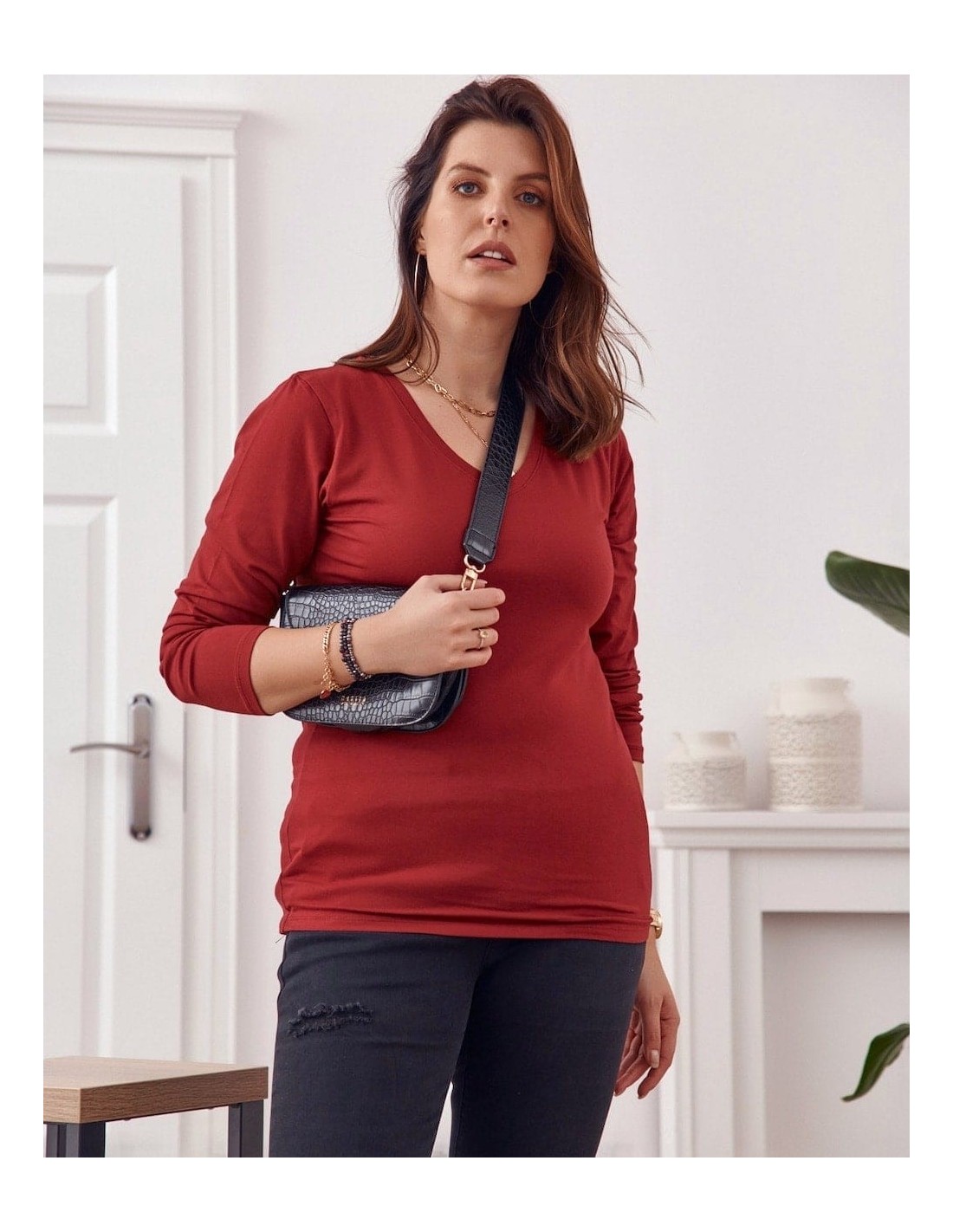 Bluza cu maneca lunga Plus Size, visiniu FK568 - Magazin online - Boutique